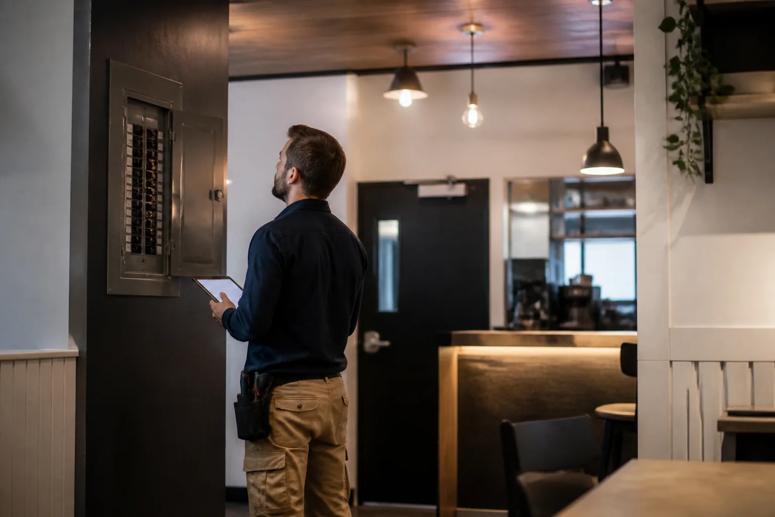 Electrician inspecting a commercial electrical installation
